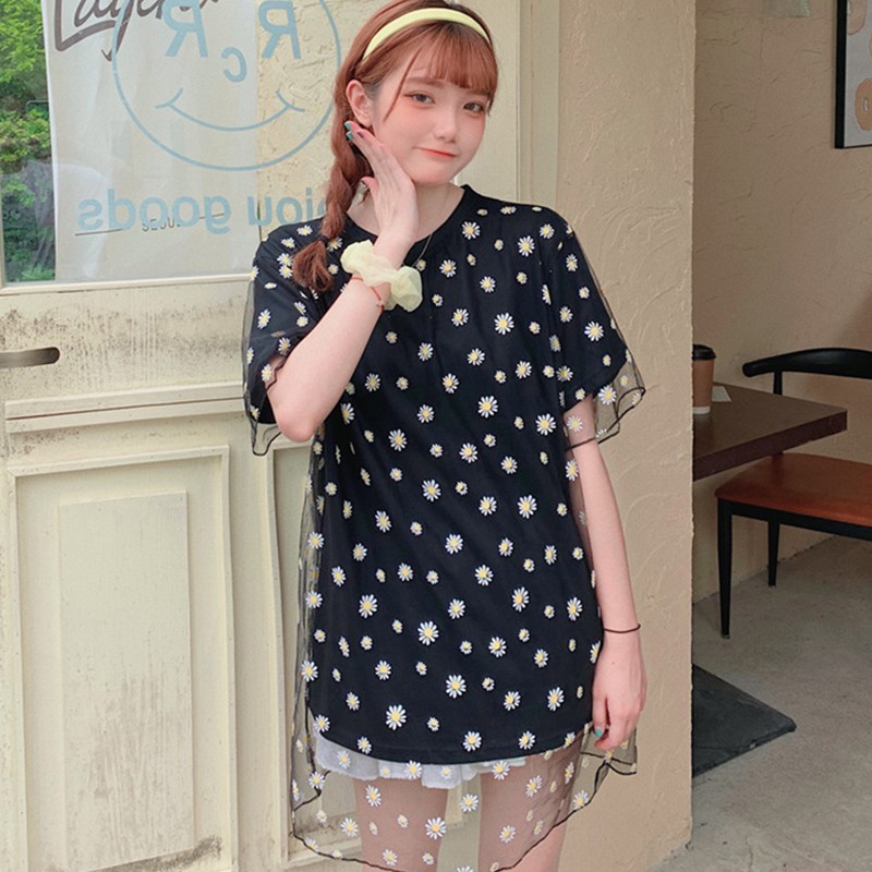 Summer Women Short Sleeve O-Neck Printed Mesh Tee Tops T Shirt Loose Daisy Tops | BigBuy360 - bigbuy360.vn