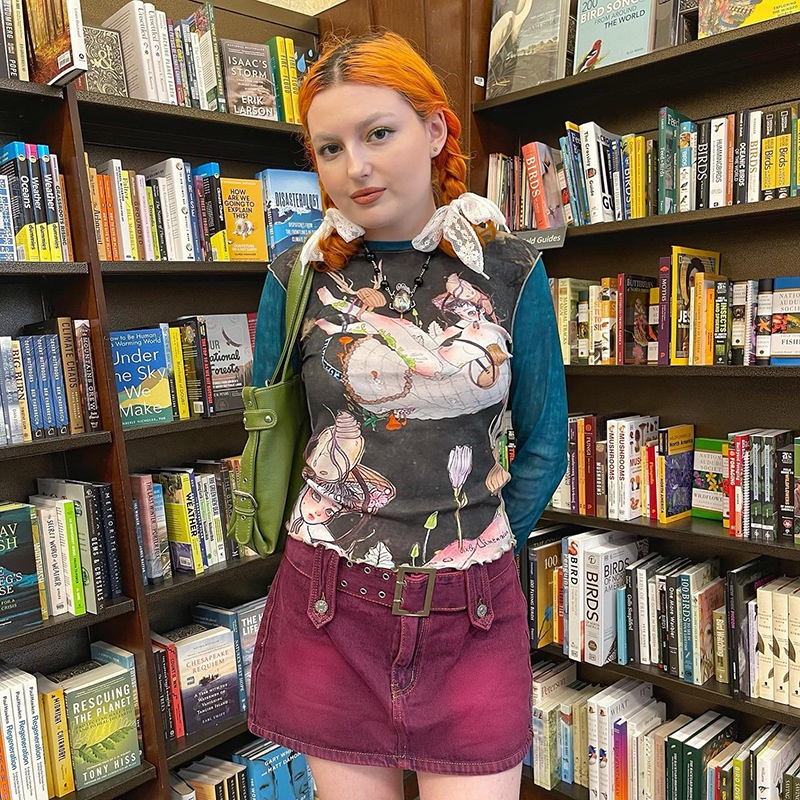 DUNEA Áo thun tay dài phối lưới in họa tiết xinh xắn thời trang cho nữ