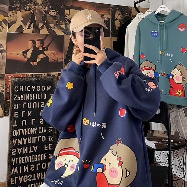 Áo hoodie dáng rộng in họa tiết hoạt hình phong cách hàn quốc thời trang cho nam