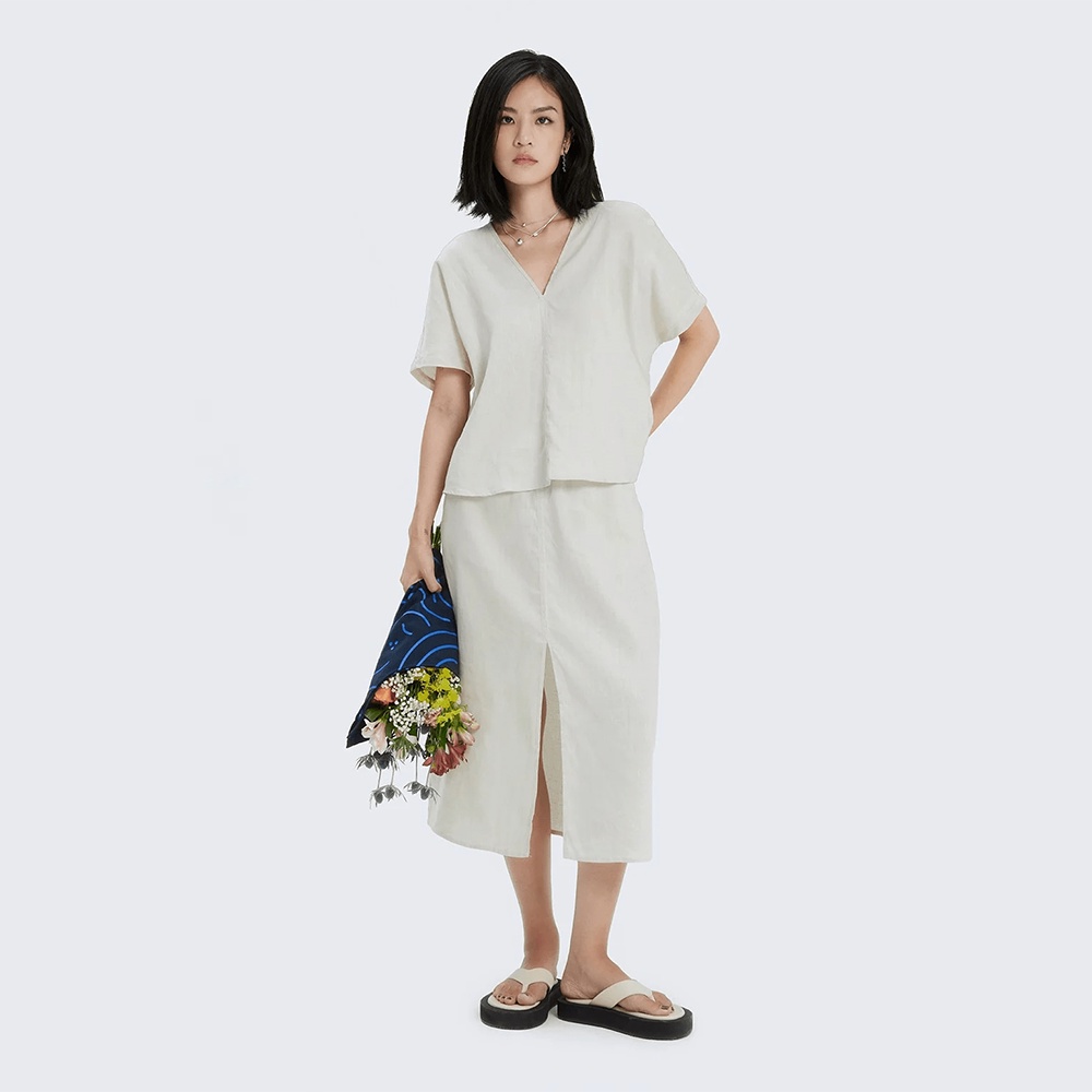 TheBlueTshirt - Áo Thun Nữ Vải Lanh Cổ Chữ V - Sea Foam Linen V-Neck Top