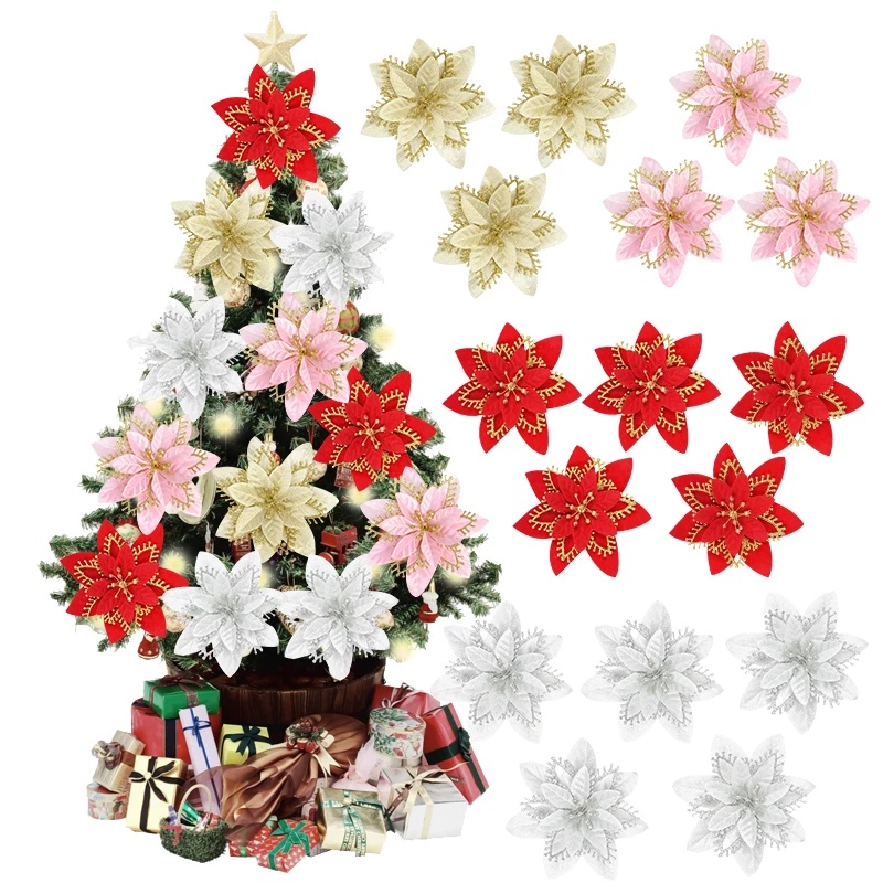 Set 5/ 10 bông hoa trạng nguyên lấp lánh nhân tạo dành cho trang trí cây thông noel dịp Giáng Sinh năm mới