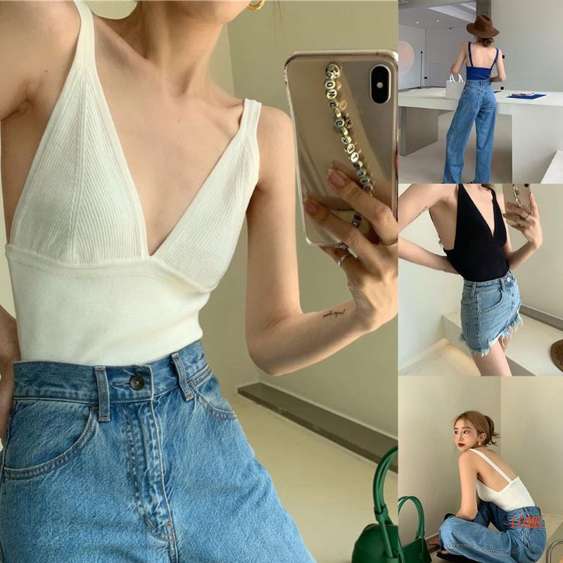 Áo Croptop Dệt Kim Không Tay Cổ Chữ V Khoét Sâu Hở Lưng Màu Sắc Trơn Thời Trang Mùa Hè 10MK Dành Cho Nữ