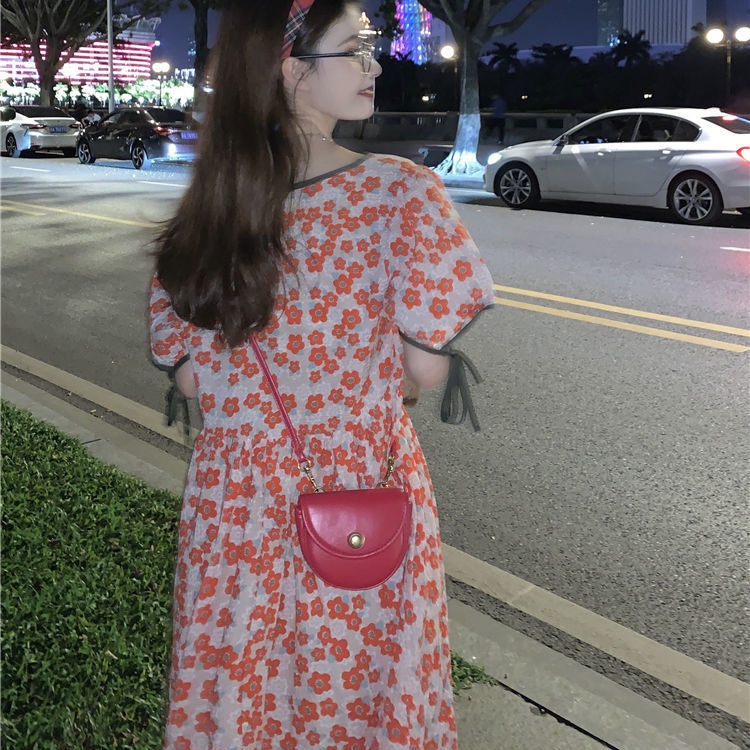 Đầm hoa cổ tròn tay phồng thắt dây phong cách cổ điển thời trang dành cho nữ