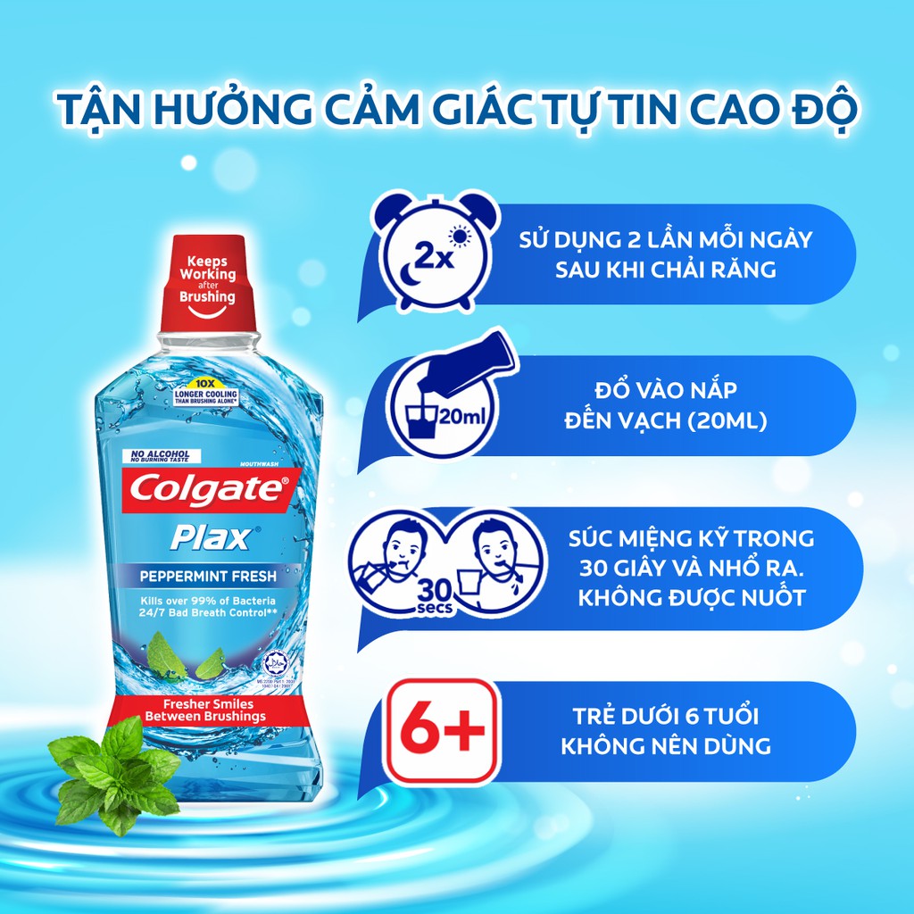 Bộ 2 chai nước súc miệng Colgate kháng 99% vi khuẩn Plax bạc hà 500ml/chai