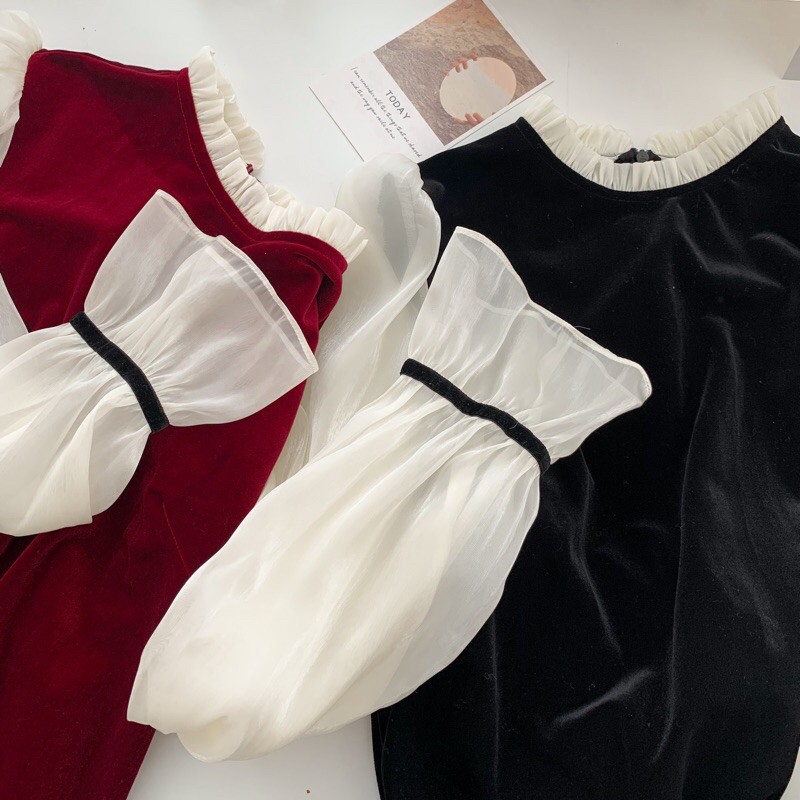 Váy nhung cổ xếp tay xoè/Holiday item