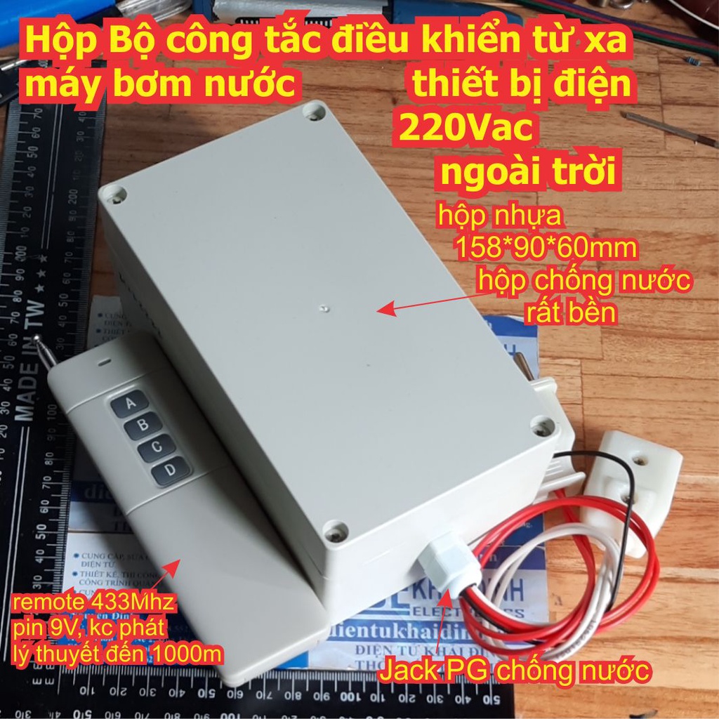 Hộp Bộ công tắc điều khiển từ xa máy bơm nước thiết bị điện 220Vac ngoài trời + remote 433mhz kde3076