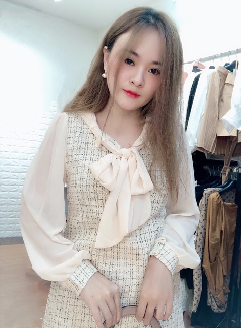 Váy dạ pha voan thắt nơ