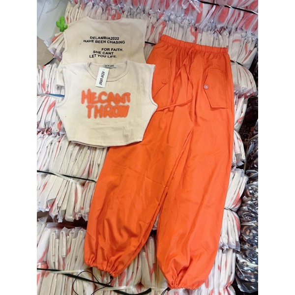 Set bộ thể thao hip hop áo ba lỗ và quần dài, Chất gân kết hợp quần kate,Size: <53kg
