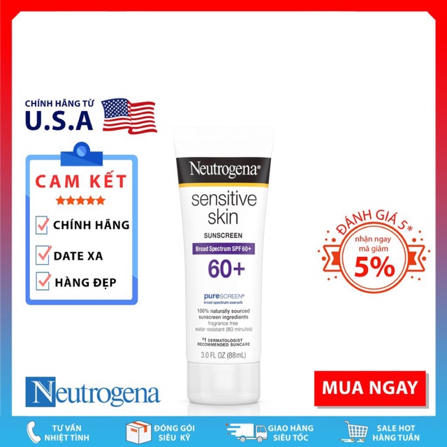 Kem Chống Nắng Neutrogena cho da nhạy cảm Sensitive date 1/2022.Skin Sunscreen Lotion Broad Spectrum SPF 60+