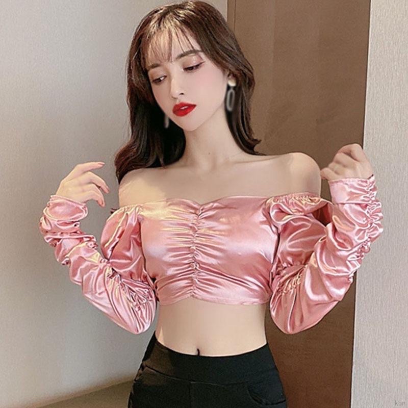 Áo Lửng Lệch Vai Tay Phồng Phong Cách Quyến Rũ Dành Cho Nữ