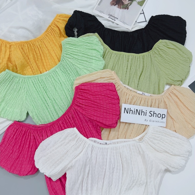 Xả hàng - Áo xốp bo chun trễ vai dáng croptop, Áo kiểu thiết kế form ngắn AK6039 - NhiNhi Shop