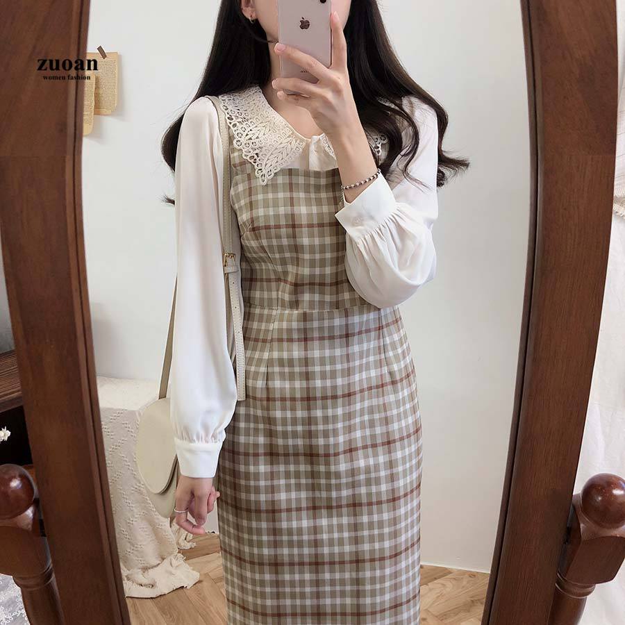 SUXI Áo Nữ Tay Dài Phối Ren Phong Cách Hàn Quốc
