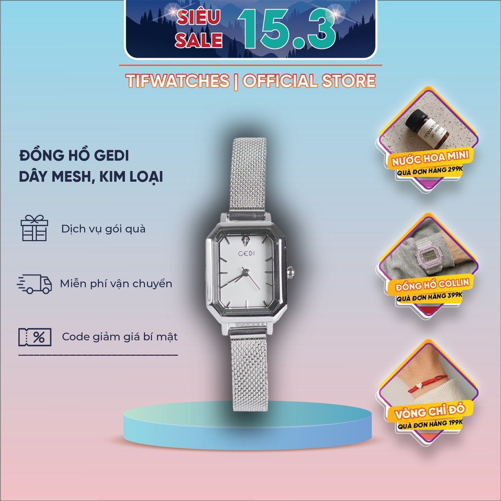 Đồng hồ nữ mặt vuông GEDI bạc đồng hồ nữ mặt nhỏ dây kim loại phong cách Hàn Quốc Watchesbytif size 26mm