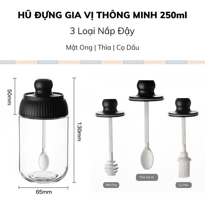 COMBO 2 Hũ Thuỷ Tinh Đựng Gia Vị Kệ Hũ Gia Vị Nắp Kín Chống Trượt Lọ Gia Vị Kèm Thìa Cao Cấp 250ml