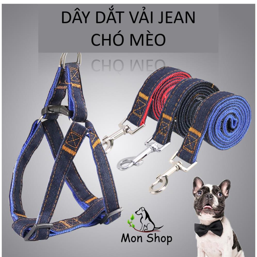 Dây dắt chó vải bò - Vải Jean Loại dây dắt kèm Yếm ngực cho mọi loại chó mèo Màu Ngẫu Nhiên