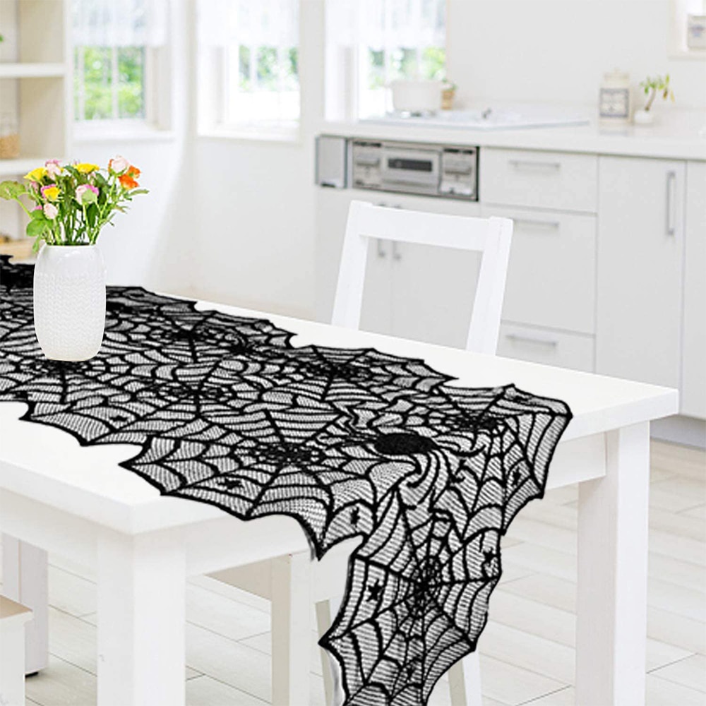 Khăn Trải Bàn Trang Trí Halloween Hình Bộ Xương Nhện Phối Ren