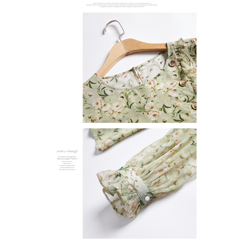 Áo Sơ Mi chiffon Tay Dài In Hoa Màu Xanh Lá Tươi Mới Cho Nữ