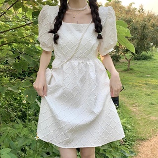 Cute white dress with square neck puff sleeves 100KG Women's big size dress