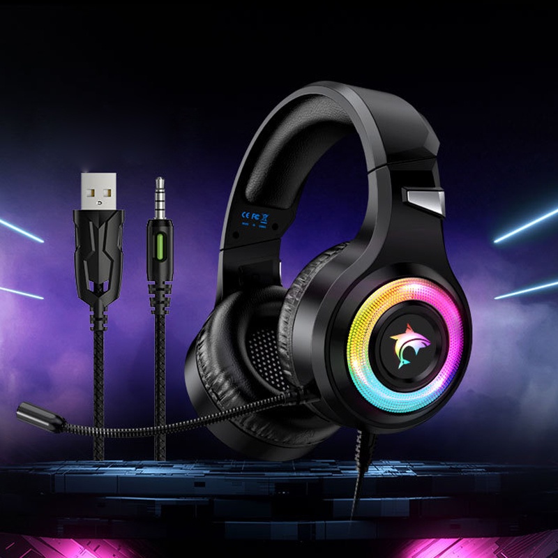 Tai nghe chụp tai gaming cá heo đèn LED đệm mút dày micro chống tiếng ồn âm thanh vòm siêu hay độ trễ thấp