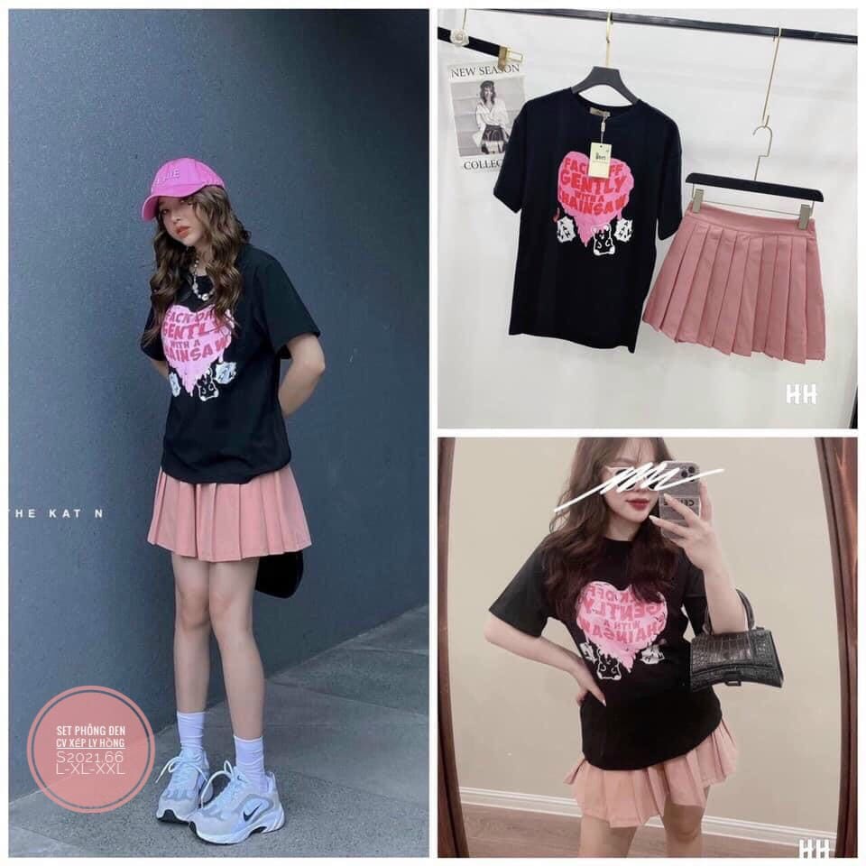 Thời trang nữ bigsize . Sét Áo phông chân váy xếp ly hồng Đi ch ,đi làm ,đi học autu hợp, Bigsize L.XL.2xl