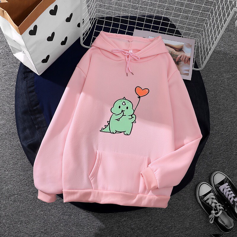 Áo Hoodie From Rộng Unisex Hoạt Hình Khủng Long Cầm Bong Bóng Trái Tim , Vải Nỉ  Phong Cách Hàn Quốc HOT TREND TTSPA0148