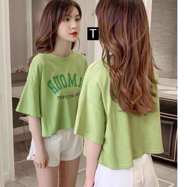 Áo Croptop nữ form rộng Unisex AMOUR Freesize 45-70kg, áo thun nam form rộng tay lỡ