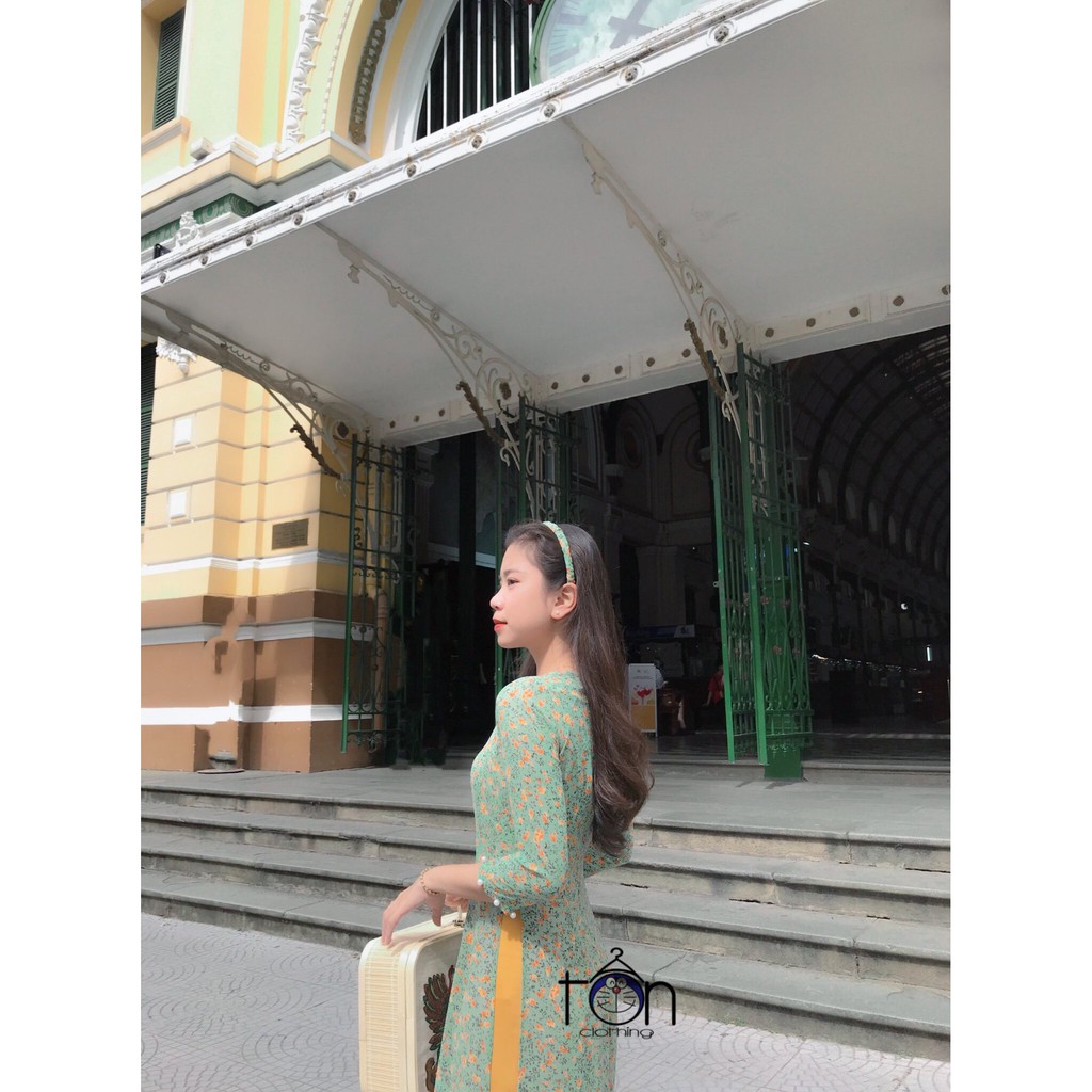 Set áo dài nữ Ton.Clothing kiểu truyền thống tay lỡ vải mịn mát họa tiết dễ thương xinh xắn màu hoa nhí xanh AOD001'