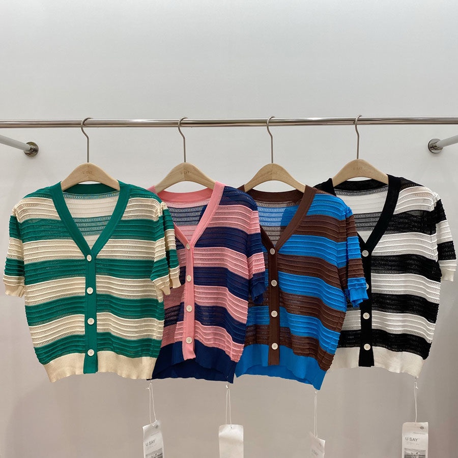 Áo Cardigan Ngắn Tay Họa Tiết Kẻ Sọc Thời Trang Mùa Hè Cho Nữ