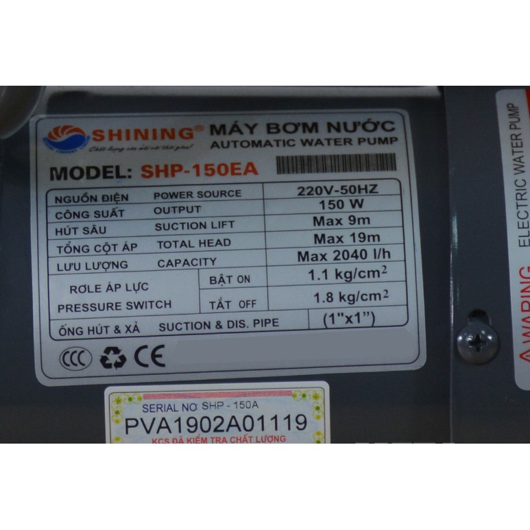 Máy bơm tăng áp Shining SHP-150EA - Hàng chính hãng, bảo hành 12 tháng