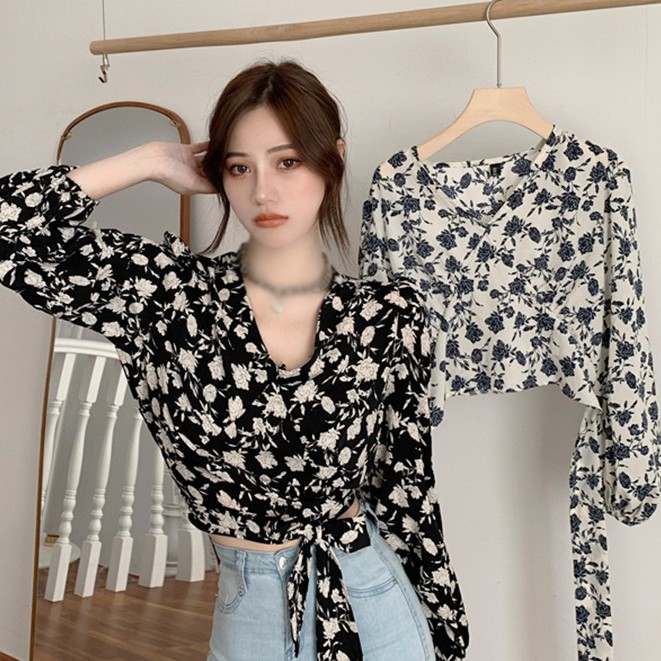 Áo Kiểu Chất Chiffon Tay Dài Hoạ Tiết Hoa Thiết Kế Cổ Chữ V Quyến Rũ