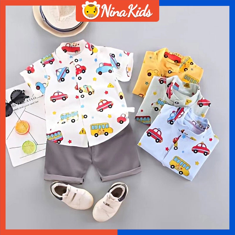 Trang phục  gồm áo thun tay ngắn in hình xe hơi hoạt hình và quần cho bé trai 0-4 tuổi