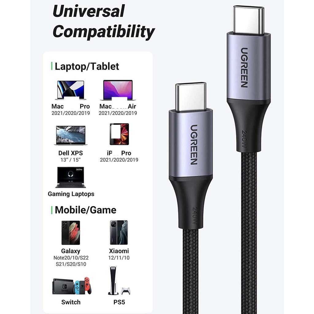 Cáp sạc nhanh UGREEN US535 USB-C to USB-C PD3.1 240W 480Mbps dài 1m & 2m