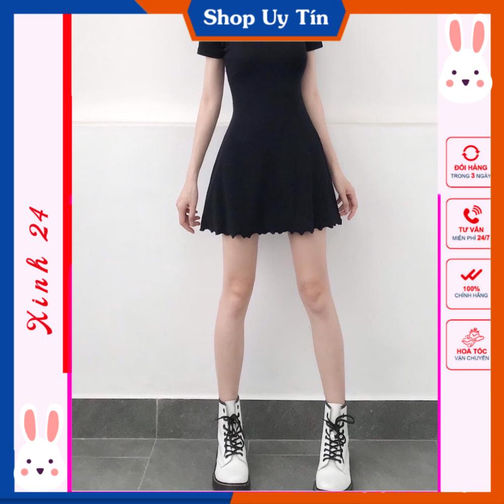 Đầm Nữ Body Đen Viền Bèo Váy Cộc Tay Xinh 24 Chất Thun Gân Dáng Ngắn thiết kế xinh xắn | BigBuy360 - bigbuy360.vn