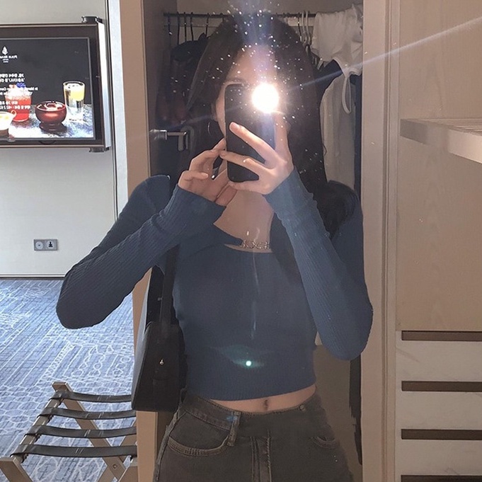 Cocory vn Áo Thun Dài Tay Cổ Yếm Màu Sắc Thời Trang Cho Nữ