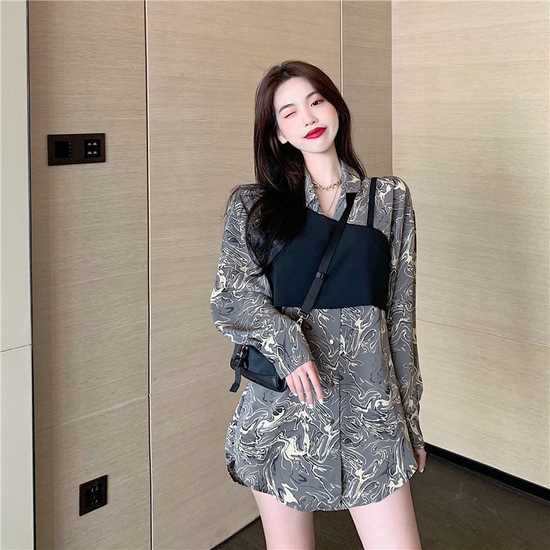 Bộ áo sơ mi tay dài dáng rộng + áo vest thời trang retro cá tính