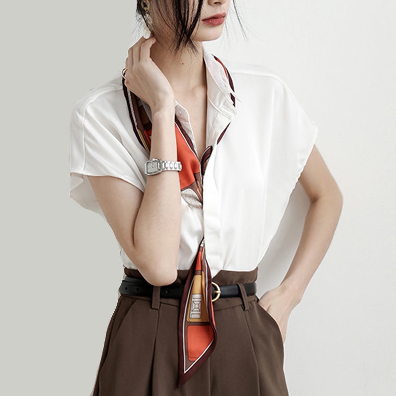 Summer white shirt retro style chiffon white shirt lady's niche shirt short-sleeved top girl