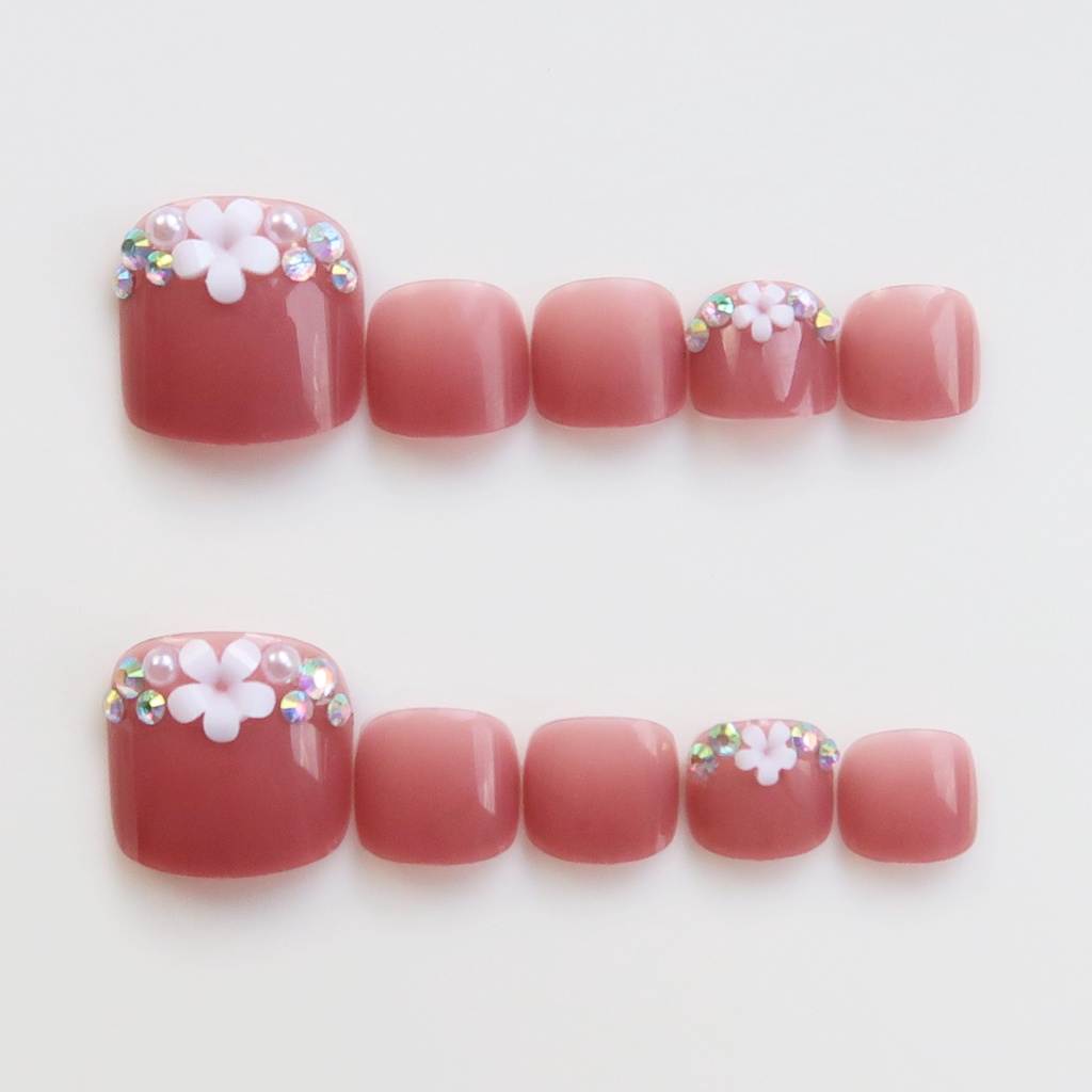 Bộ 24 móng chân giả Jojo móng giả đính hoa đá J75 nail box rẻ đẹp sang chảnh kute kèm keo gắn tự làm tại nhà