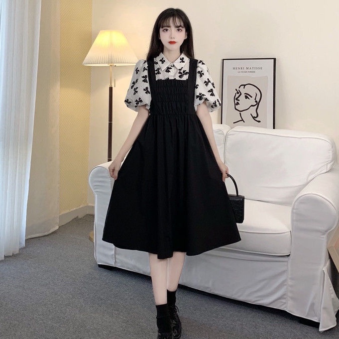 Đầm Giả Hai Mảnh Eo Co Giãn Phong Cách Preppy Pháp Thời Trang Mùa Hè