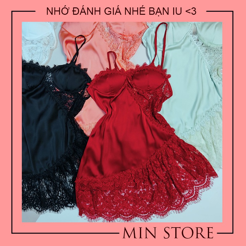 Váy ngủ sexy cao cấp gợi cảm 2 dây lụa satin có mút phối ren mi xéo sườn cực đẹp V005 | BigBuy360 - bigbuy360.vn