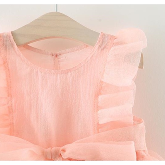 Đầm Công Chúa Không Tay Phối Lưới Đính Nơ Dễ Thương Phong Cách Hàn Quốc Thời Trang Mùa Hè Cho Bé Gái