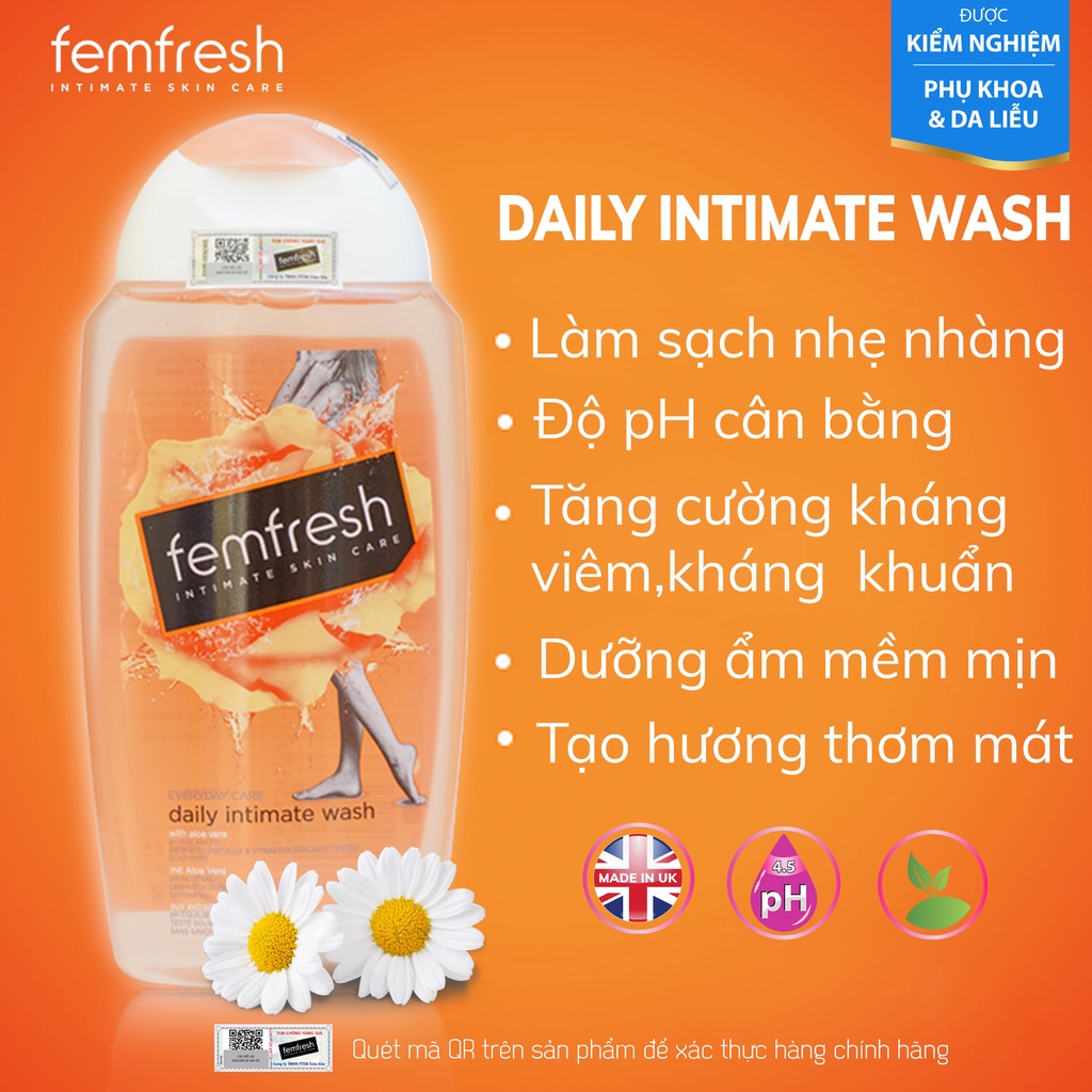 Dung Dịch Vệ Sinh Và Xịt Cho Vùng Kín Sạch, Thơm, Tươi Mới Suốt Ngày Dài Femfresh Daily Intimate Wash 250ml Anh Quốc