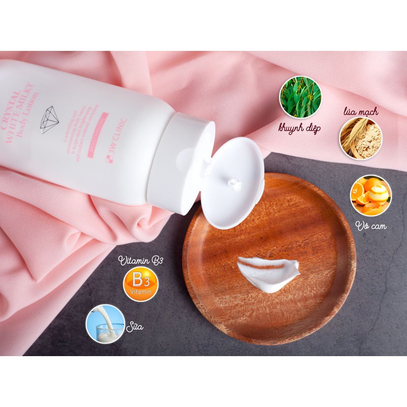 Kem dưỡng thể Body trắng da nâng tone Body Crystal White Milk Lotion 3W Clinic Hàn Quốc 150g