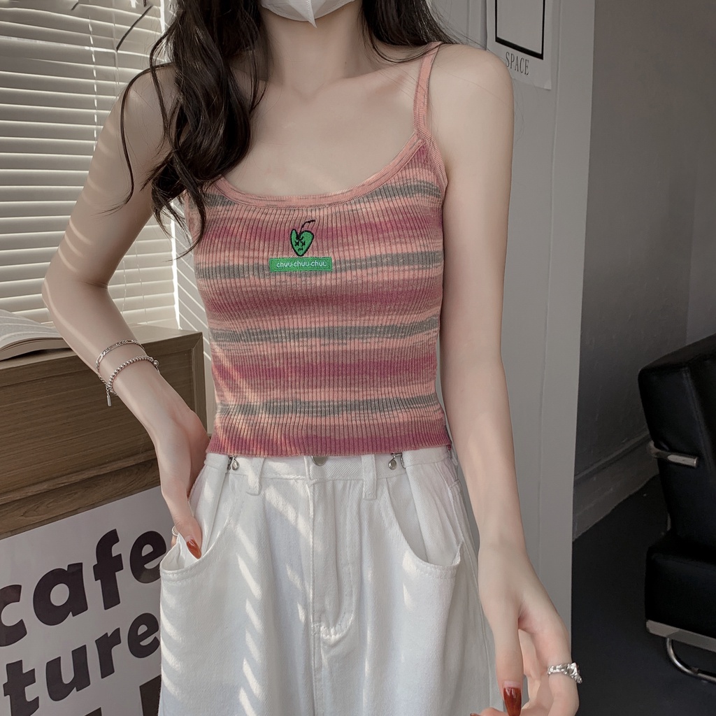 SUXI Áo Hai Dây Dáng Ôm Họa Tiết Kẻ Sọc Thời Trang Mùa Hè Dễ Phối Đồ Cho Nữ