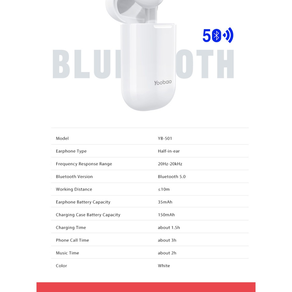 [Mã 2404EL10K giảm 10K đơn 20K] Tai nghe bluetooth TWS Yoobao YB-501 âm thanh nổi dùng cho điện thoại máy tính bảng