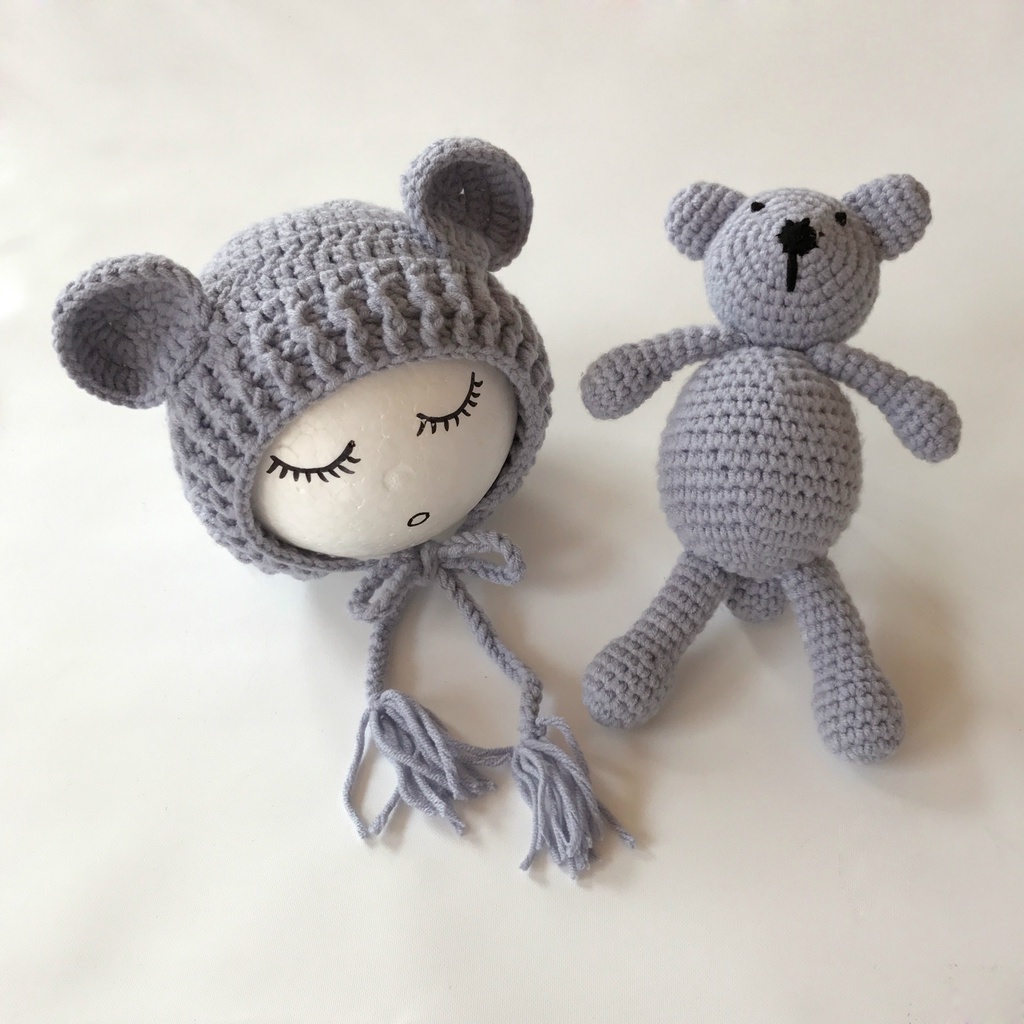 Set mũ và thú bông Gấu Cute bằng len đáng yêu phụ kiện chụp ảnh cho bé 0-6 tháng