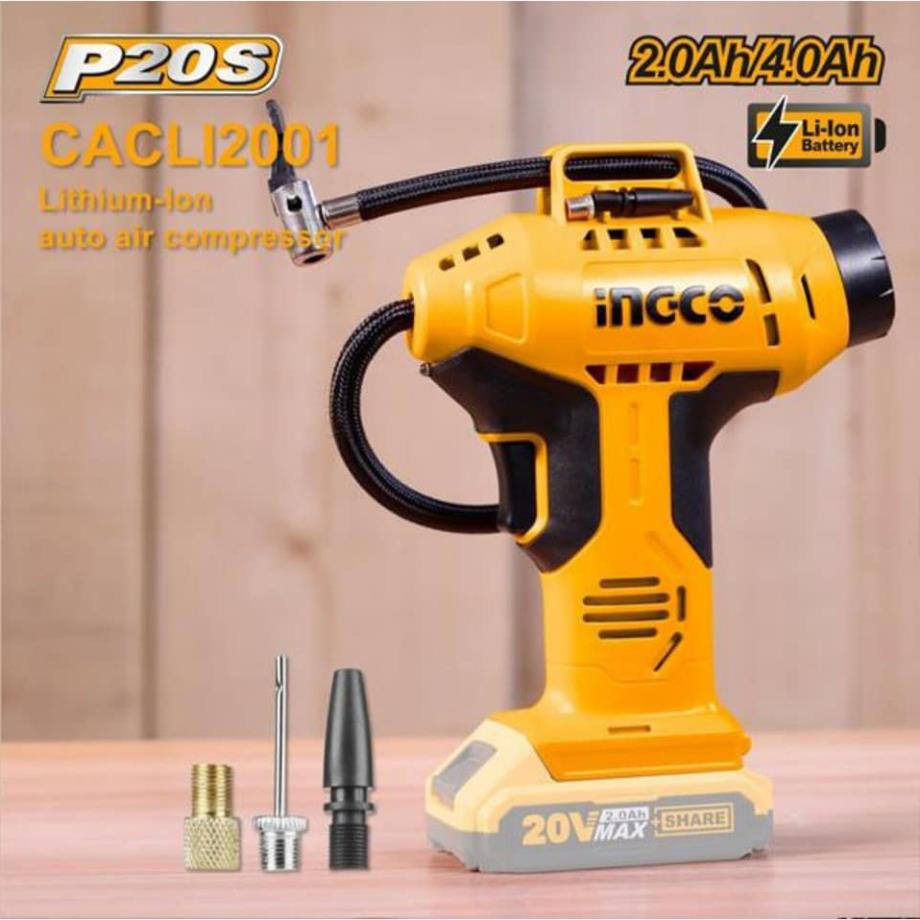 Máy kiểm tra, dụng cụ bơm hơi lốp xe cầm tay dùng pin sạc INGCO 20V CACLI2001 sử dụng motor có chổi than