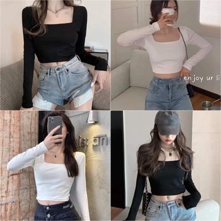 Áo croptop nữ tay dài ôm body cổ vuông , Croptop Nữ dài tay cổ vuông chất bo tăm co dãn tốt