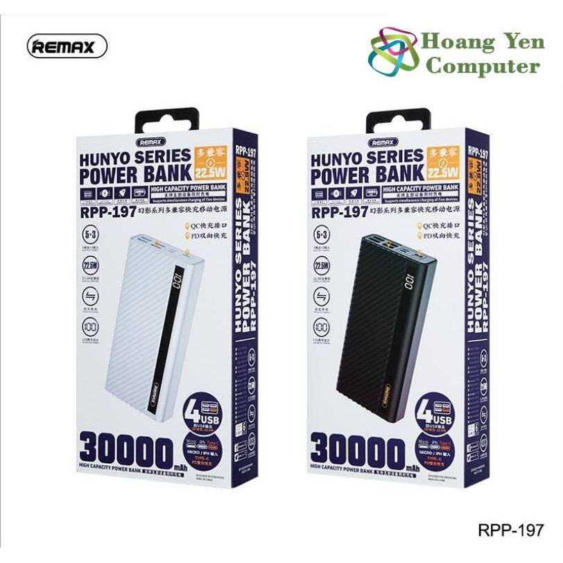 Sạc Dự Phòng Remax RPP-197 30000Mah (Sạc Nhanh QC3.0 18W, 22.5W, VOOC 2.0) - BH 1 Năm - Hoàng Yến Computer