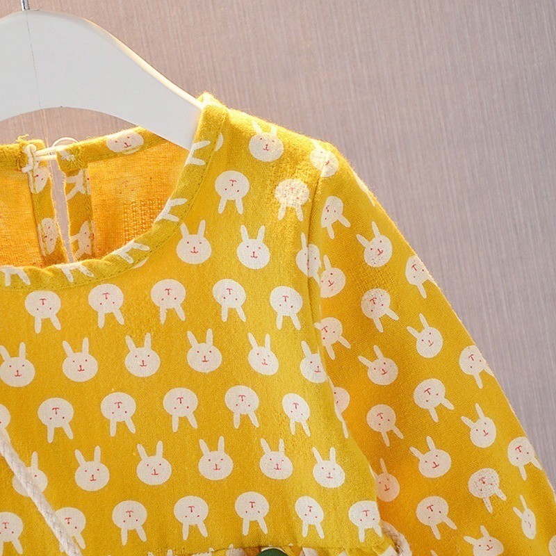 Đầm xòe tay dài họa tiết chú thỏ đáng yêu cho bé gái