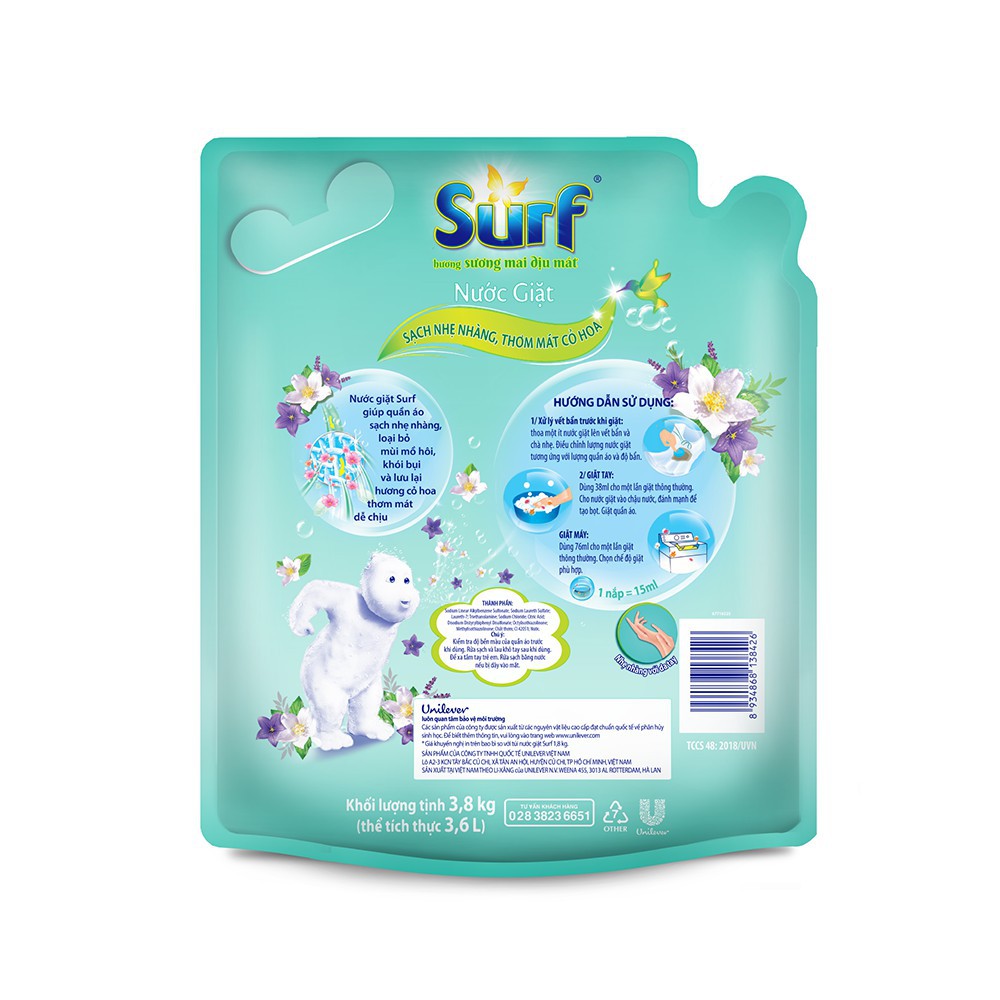 [ GIÁ HỦY DIỆT ] Nước giặt Surf Sương mai dịu mát túi 3.8kg/3.1kg [ VPP GIÁ XƯỞNG ]